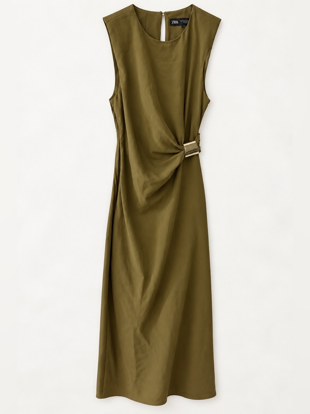 Zara Olive Sleeveless Midi Dress with Waist Twist and Buckle